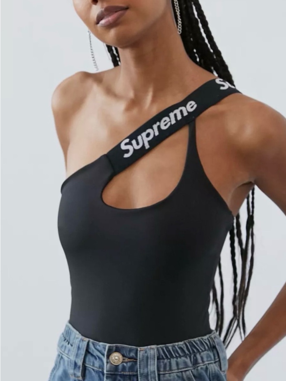 🌺NWT FRANKIE Supreme Black One-Shoulder Bodysuit with Logo Strap🌺size XS